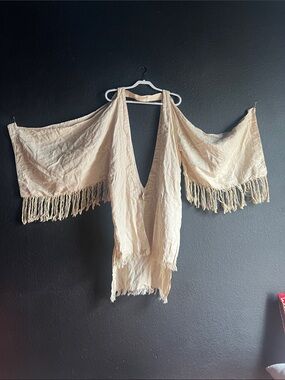 Boho Fringe-Trim Open-Front linen Tunic Jacket in Cream